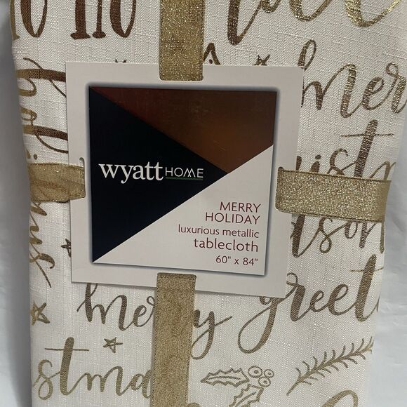 Christmas Tablecloth 60 x 84 White and Gold Metallic Christmas Greetings Print - Picture 2 of 4